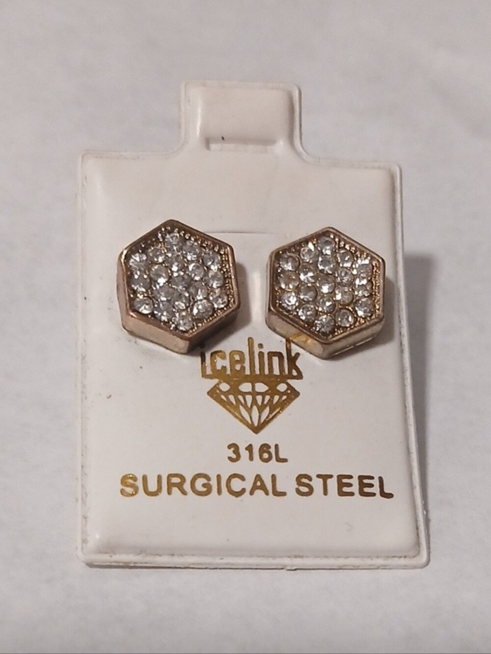 Gold Hexagon Pave Stud Earrings with White Crystals